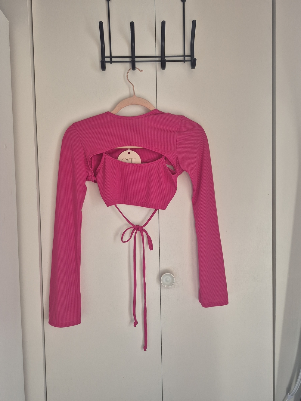 Hot Pink Long-Sleeve Tie-Back Crop Top